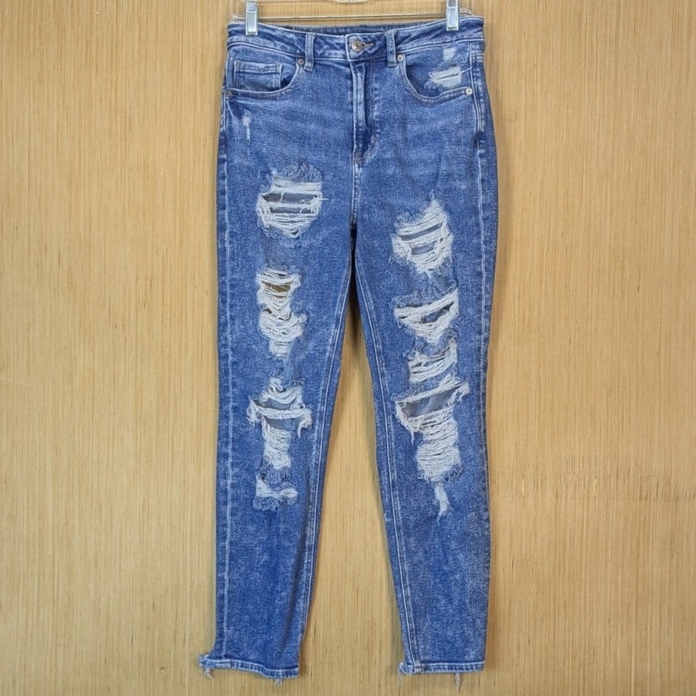 American Eagle Mom Jeans Womens 4 Grunge Distressed Stretch Blue Acid Wash Denim